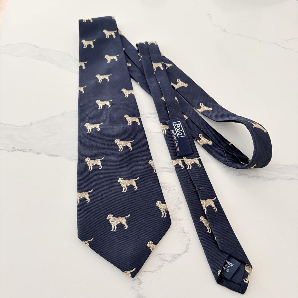 Polo Ralph Lauren Labrador Retriever Document 1 Navy Dog Necktie Mens Silk Tie - Picture 2 of 4